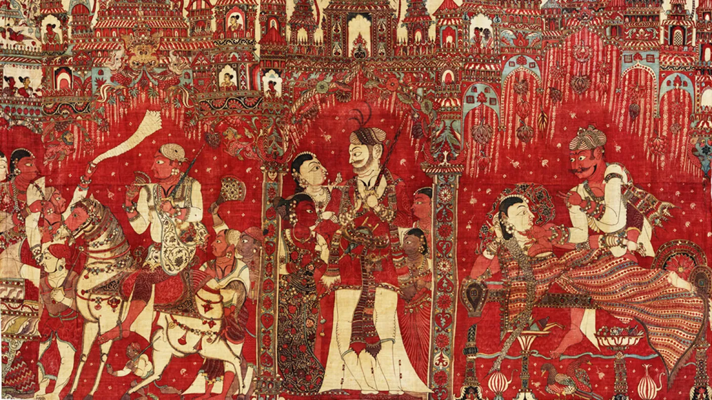 Close-up of a scene on a kalamkari hanging, of several groups of people standing close together.
