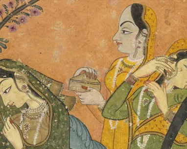Three women in traditional attire holding small containers, with floral decorations on a beige background.