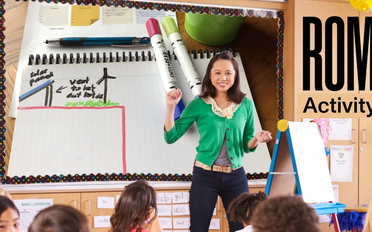 ROM Activity logo in black text on a colorful classroom photo background.