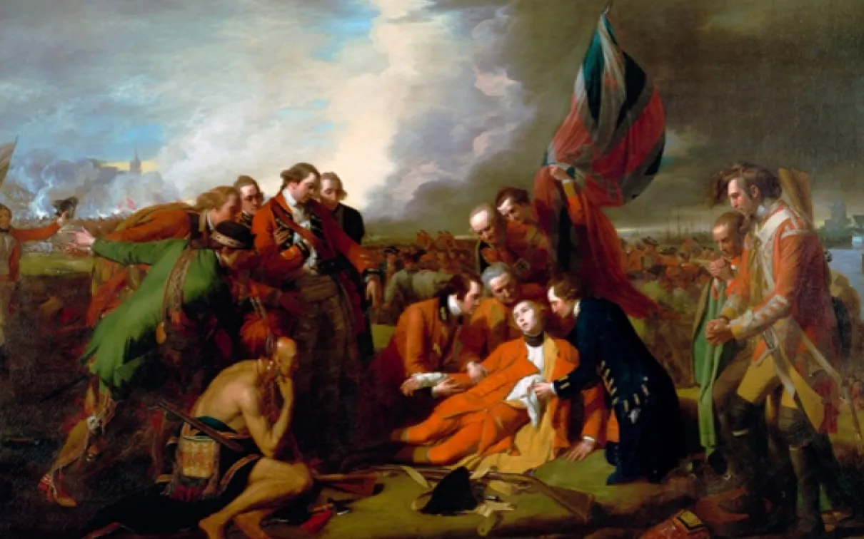 A group of men in 18th-century attire gathered under stormy skies as one man on bended knee presents a sword to another seated man holding a flag.