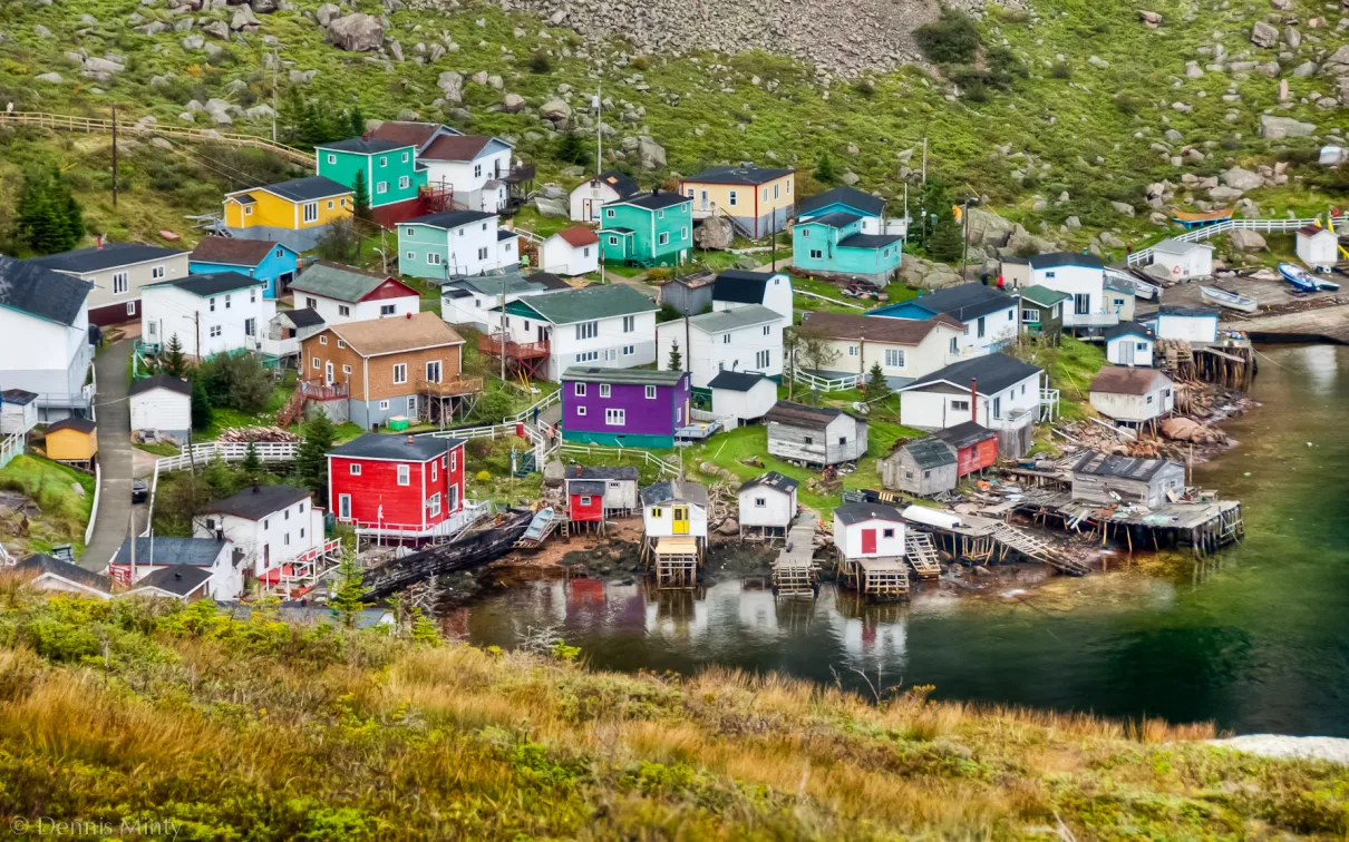 Un groupe de maisons colorées sur une colline au bord de la mer.