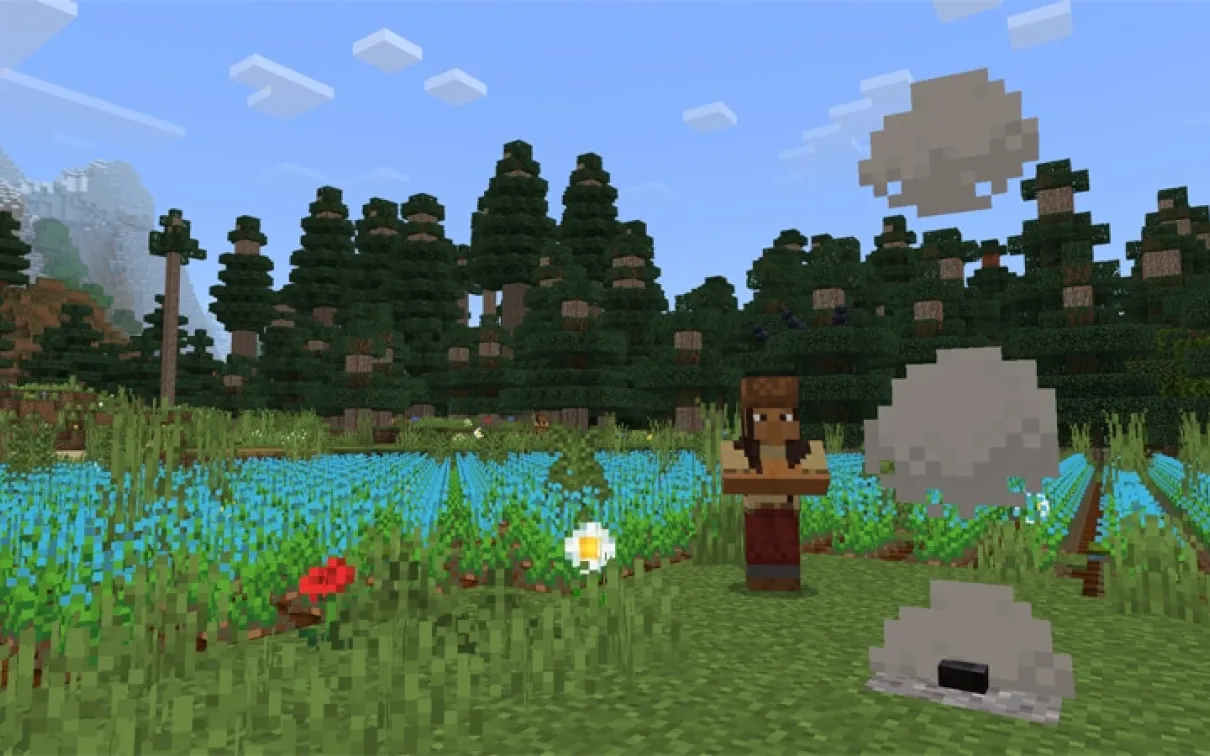 Capture d'écran Minecraft d'un porteur de savoir autochtone debout devant un champ de fleurs bleues.
