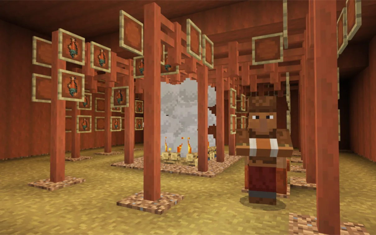 Capture d'écran Minecraft d'un porteur de savoir autochtone dans un fumoir à saumon.