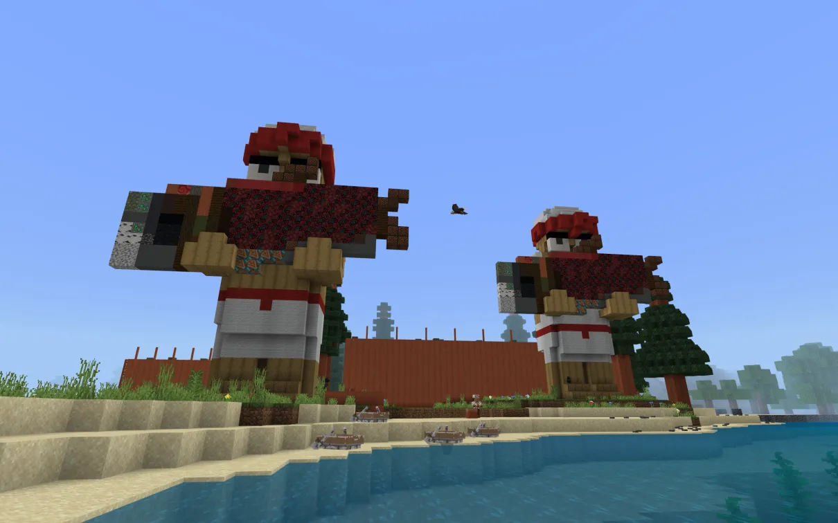 Capture d'écran Minecraft de deux grandes statues tenant des saumons sur une plage.