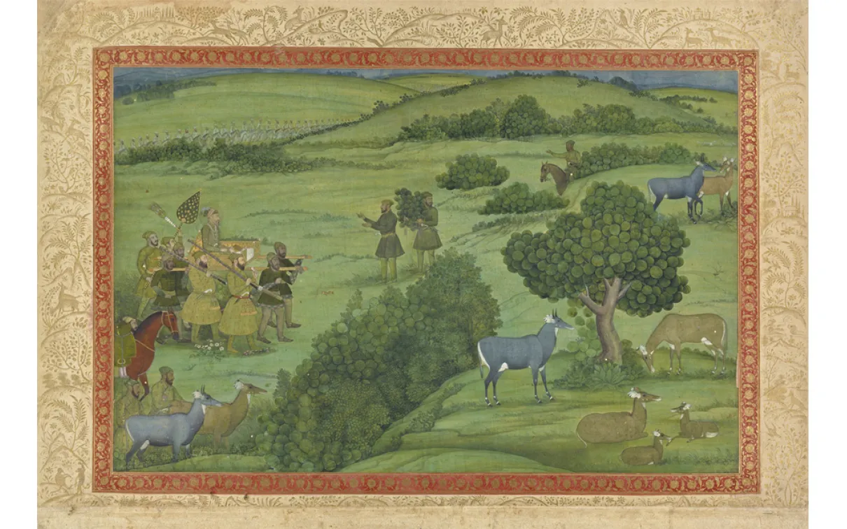 A grassy landscape with grazing animals and a group of men carrying a man in a palaquin.
