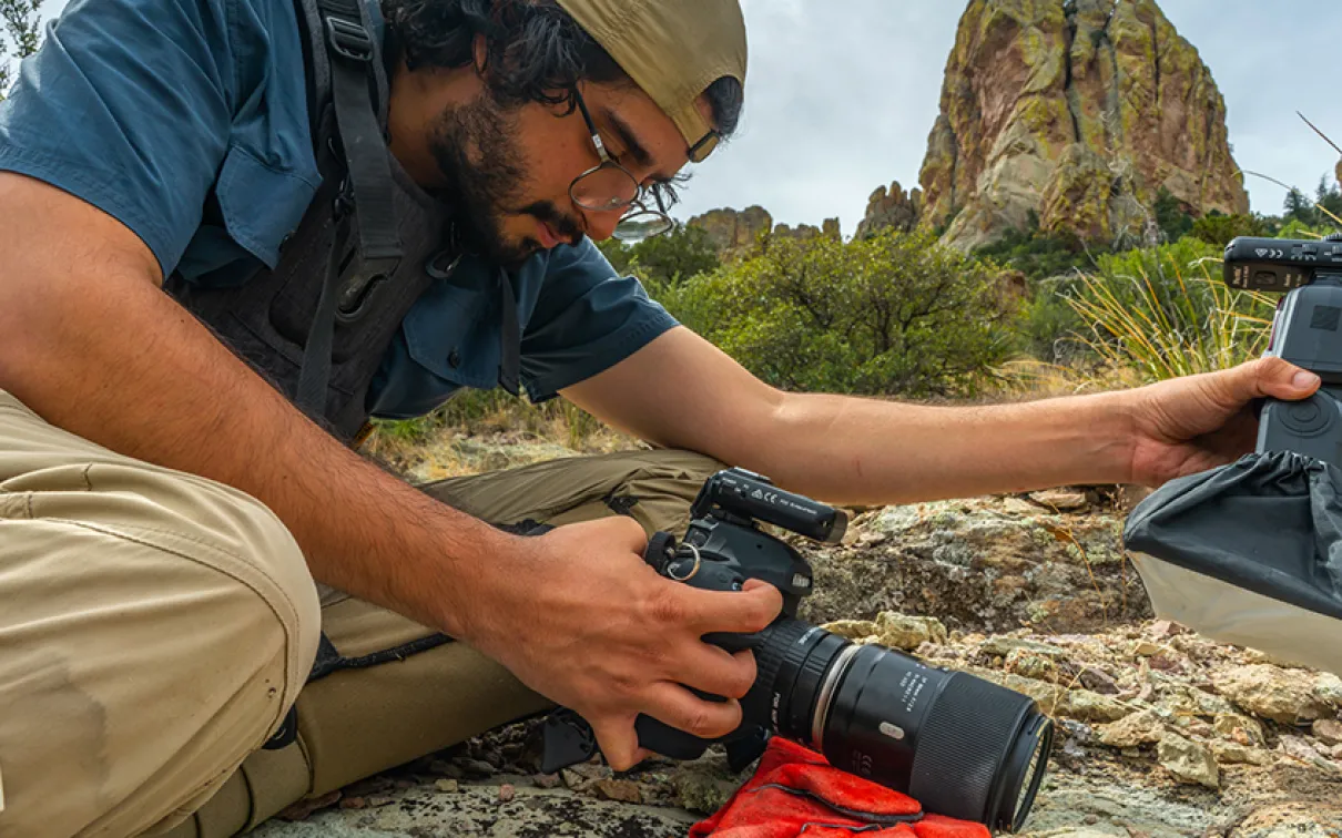 Dans les montagnes Chiricahua en Arizona, Nick Kanakis se prépare à photographier une araignée sauteuse. Crédit photo : Javier Aznar.