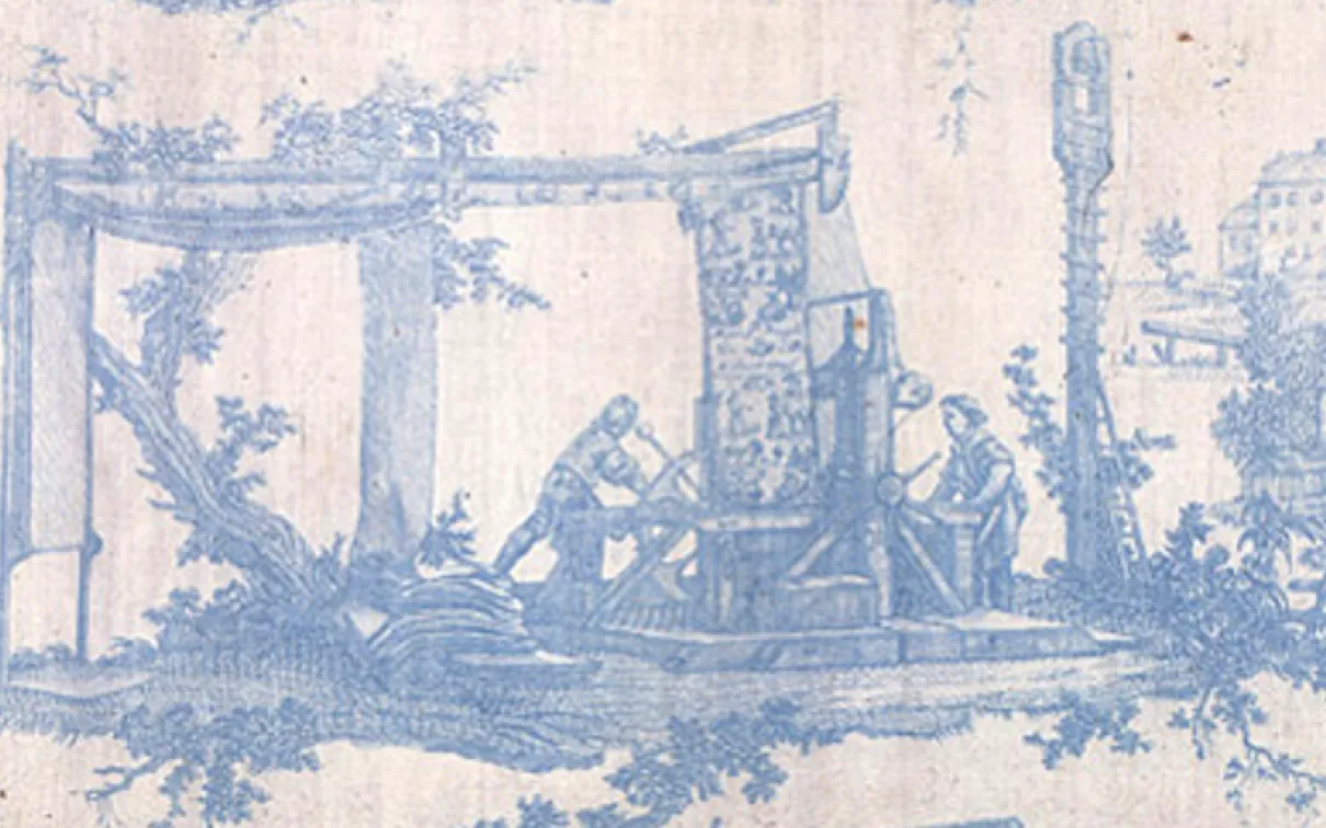 The image shows a faded blue and white textile depicting a scene with figures and architectural elements.