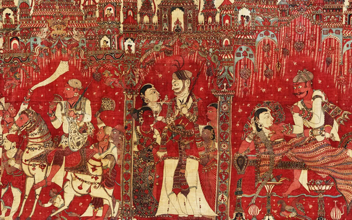 Close-up of a scene on a kalamkari hanging, of several groups of people standing close together.
