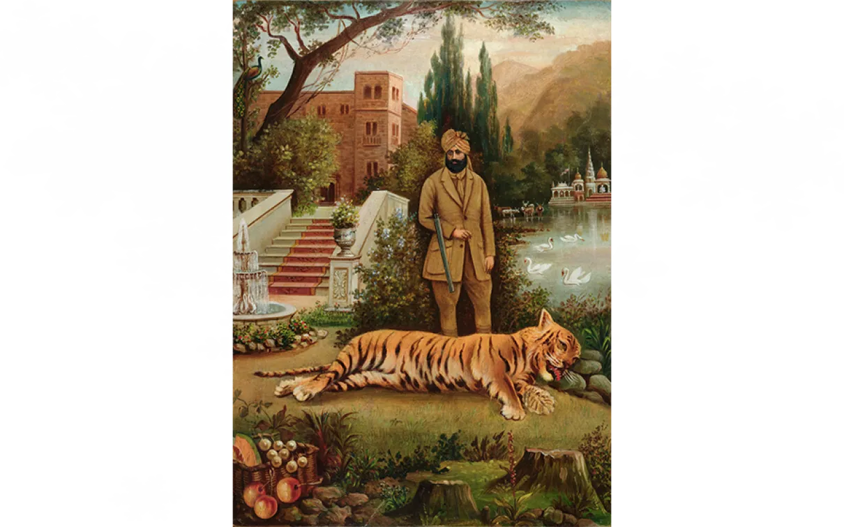 Maharaja with Tiger, around 1890. Gelatin silver print with hand-colouring. Maker Unrecorded India, active 1800s. Courtesy of Solander Collection.