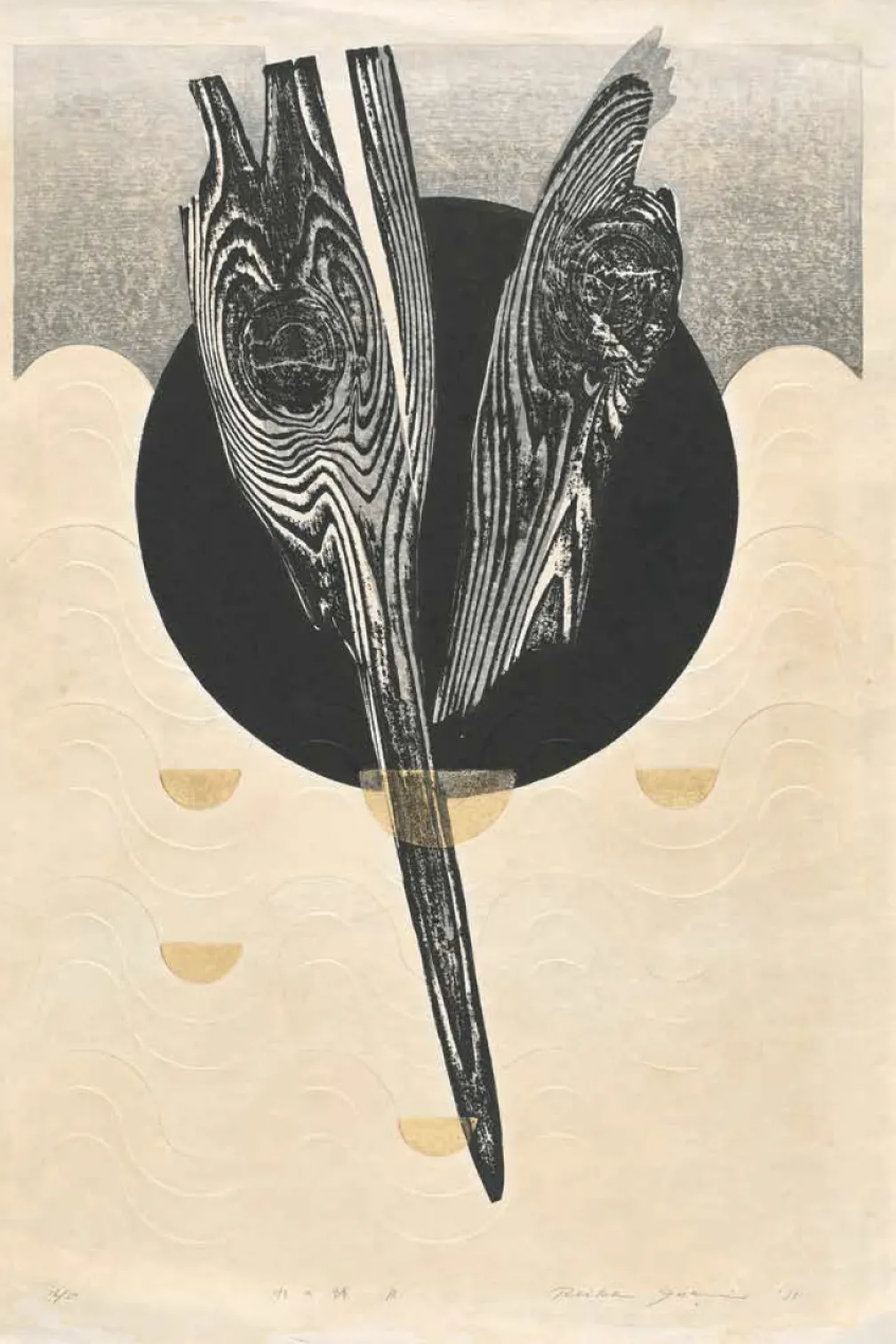 Woodblock print of a bird with its wings spread, set against a black circular background on a beige textured surface.