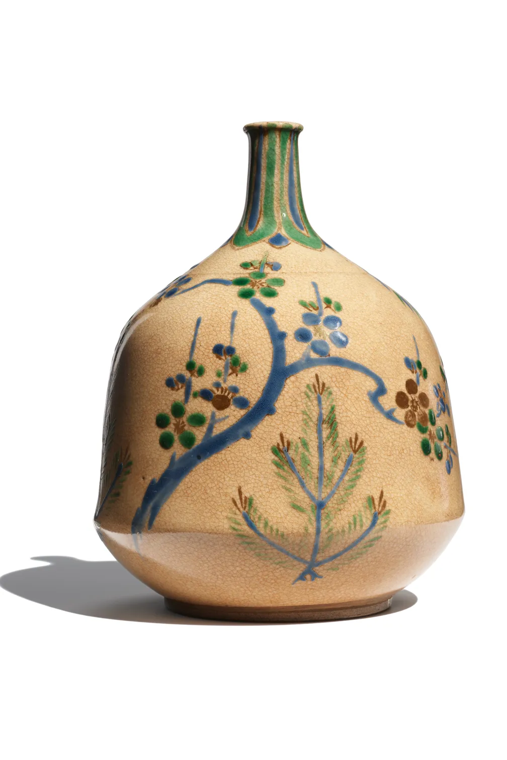 Ceramic vase with a bulbous body and narrow neck, decorated with blue floral and branch patterns on a beige background.