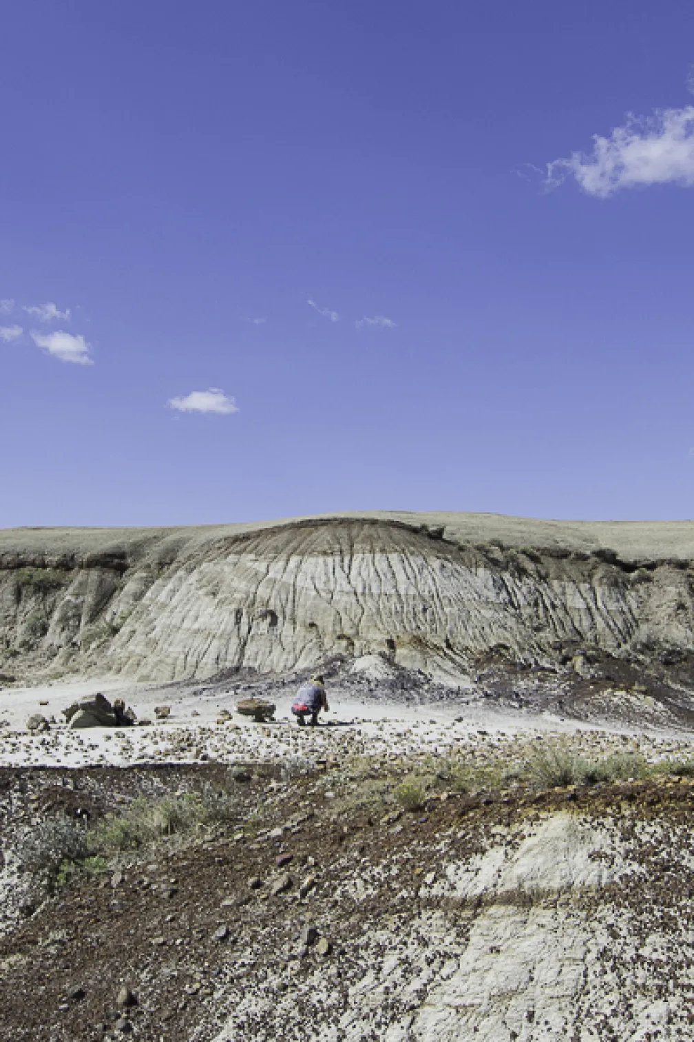 Four people scattered across a rocky, layered cliff landscape under a blue sky with a few clouds.
