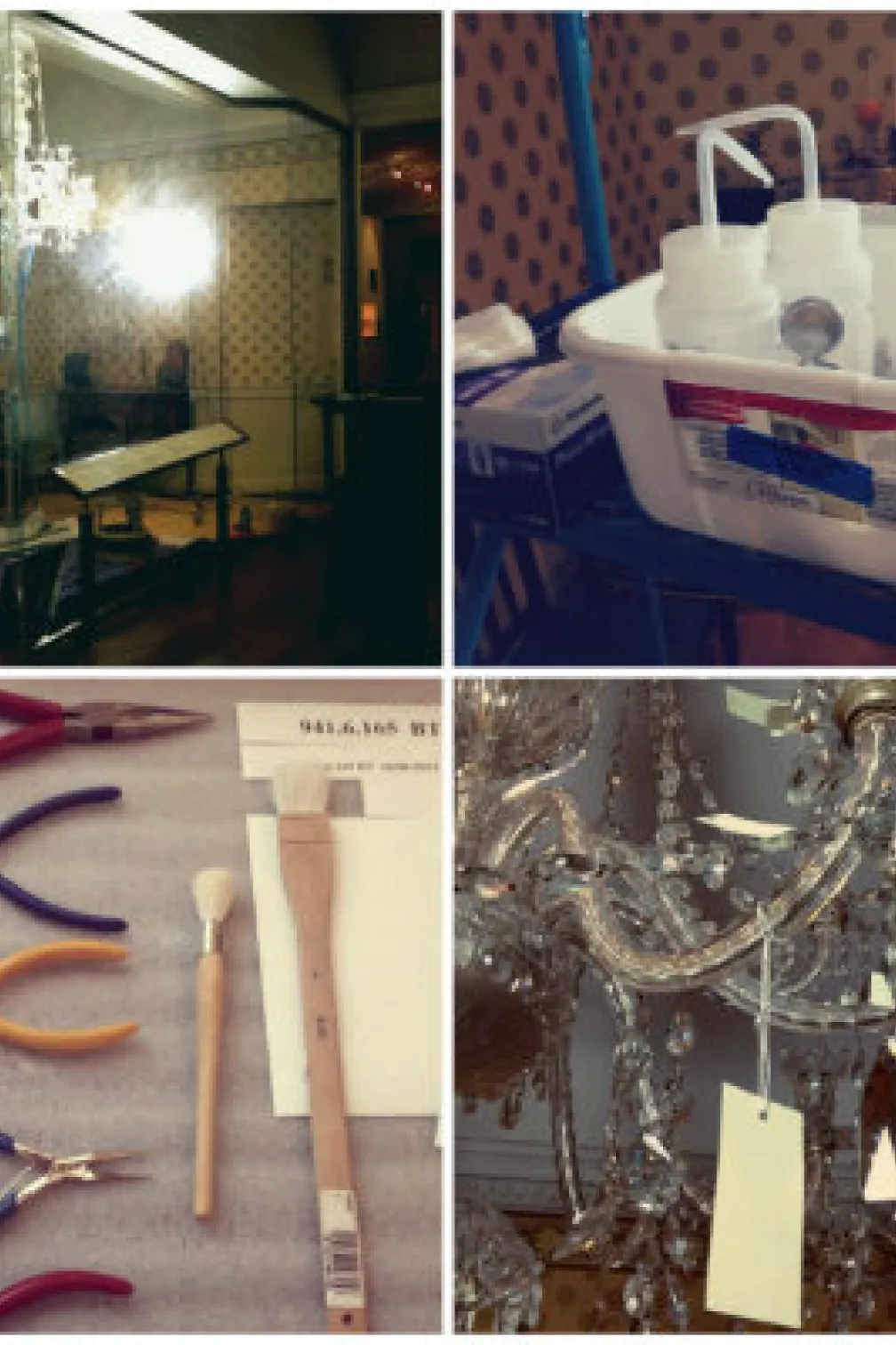 Emily cleaning Neoclassical Chandelier with tools and supplies. Photos by Jaime Clifton-Ross
