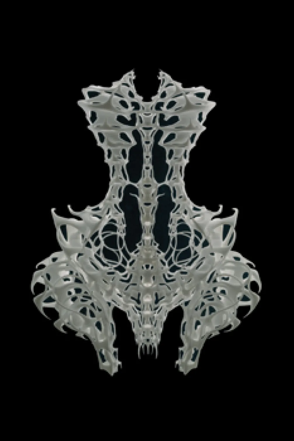 Symmetrical, abstract 3D-printed sculpture resembling an organic or skeletal structure on a black background.