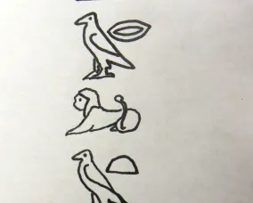 Egyptian hieroglyphs including a rectangle, three birds, and a folded cloth symbol.