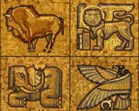 Four gold-colored square tiles each engraved with ancient Egyptian-style images: a bison, a lion carrying a staff, a vulture, and a bird with spread wings.